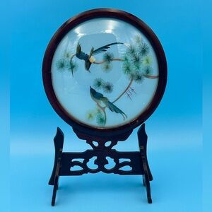 Vintage Round Silk Screen Oriental Red Wood Stand Birds Trees Hand Made 13.5”